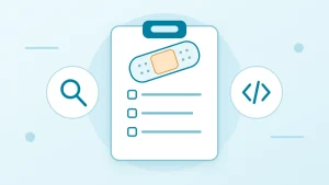 Wound-care documentation and coding review illustration with a clipboard, dressing and review icons.