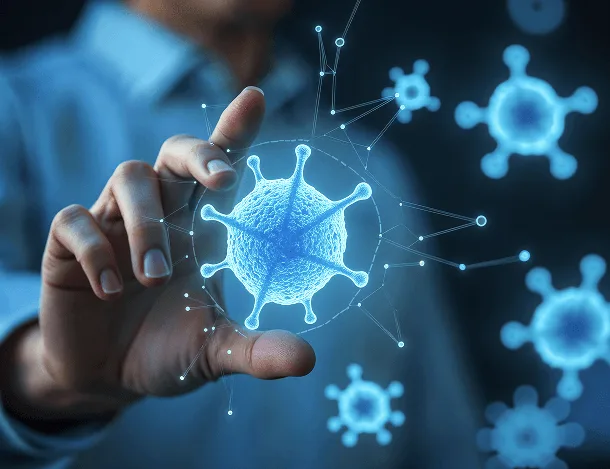Hand reaching toward a glowing blue virus illustration surrounded by network lines and smaller virus shapes