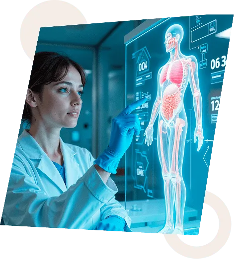 Woman in a lab coat and blue gloves touching a glowing holographic human body display