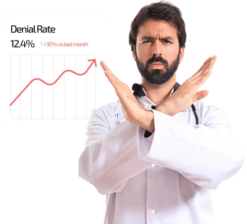 Bearded man in a white coat crossing his arms in a stop gesture beside a rising line chart
