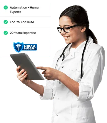 medical-billing-automation image 61939 webp Smiling woman in glasses, white coat and stethoscope pointing at a tablet beside a checklist