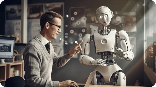 medical-billing-automation image 61945 webp Man in glasses and sweater gesturing toward a white humanoid robot in an office