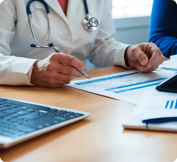 Doctor in white coat writing on a health claim form on a desk beside a keyboard