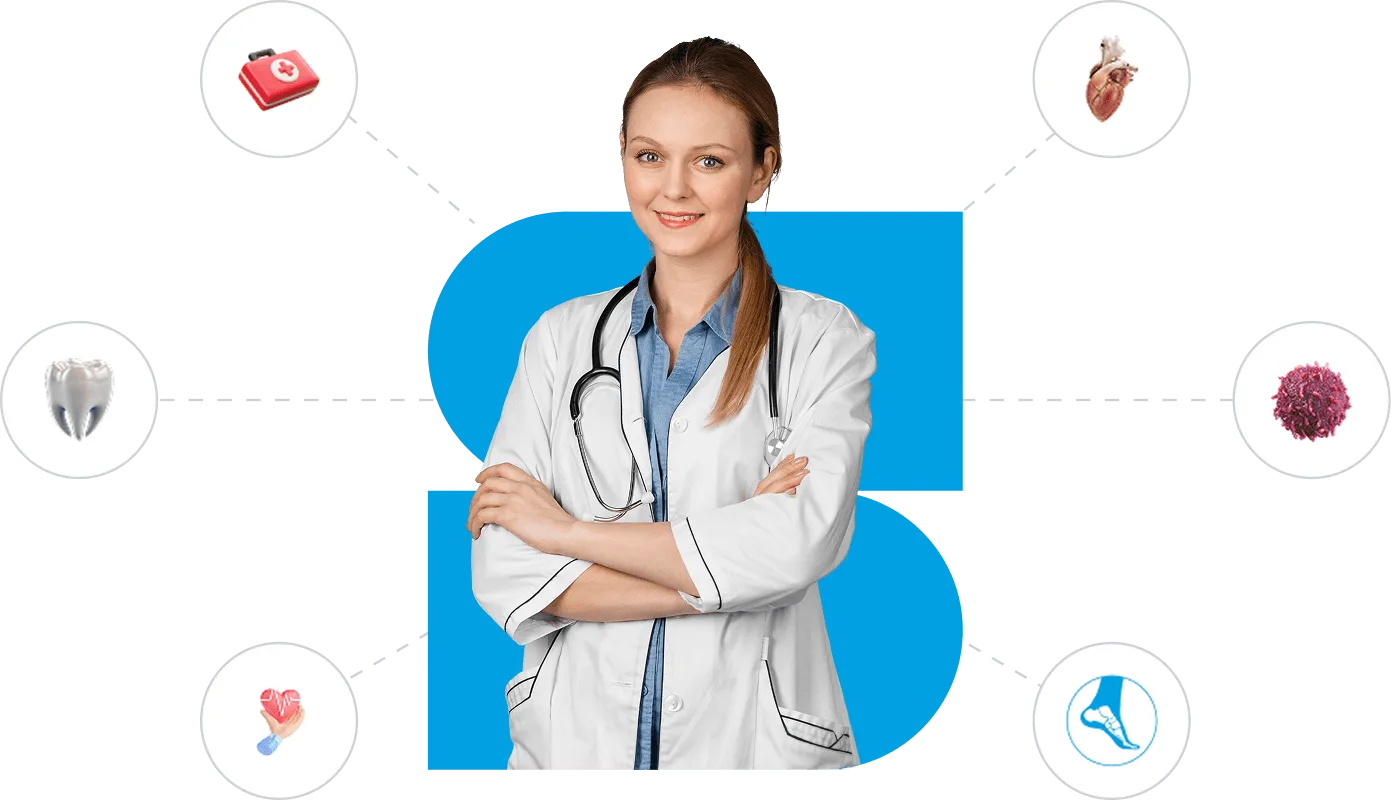 Smiling female doctor with arms crossed, surrounded by circular icons of a first aid kit, heart, tooth, cell and foot