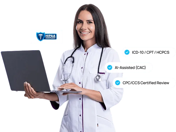 Smiling woman in white medical coat with stethoscope holding an open laptop