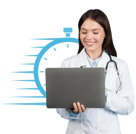 Smiling woman in white coat holding a laptop in front of a blue stopwatch graphic