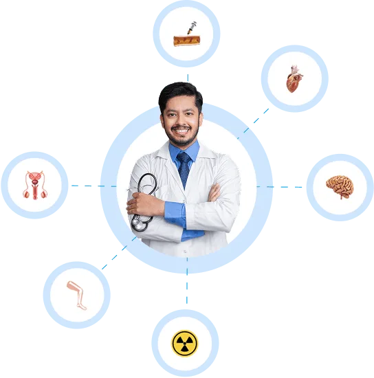 Smiling male doctor with crossed arms and stethoscope surrounded by circles showing organ and specialty icons