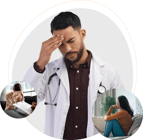 Doctor in a white coat pressing his forehead, with two small insets of distressed women