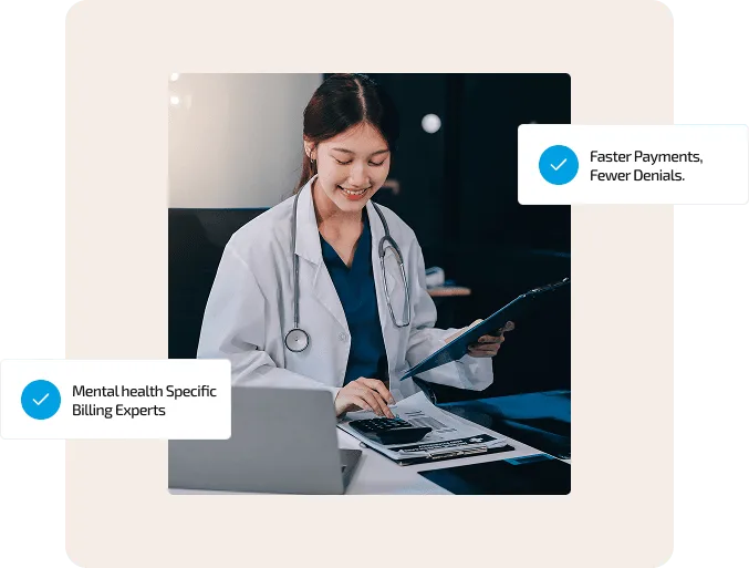 Smiling woman in a white coat holding a clipboard and using a calculator at a laptop