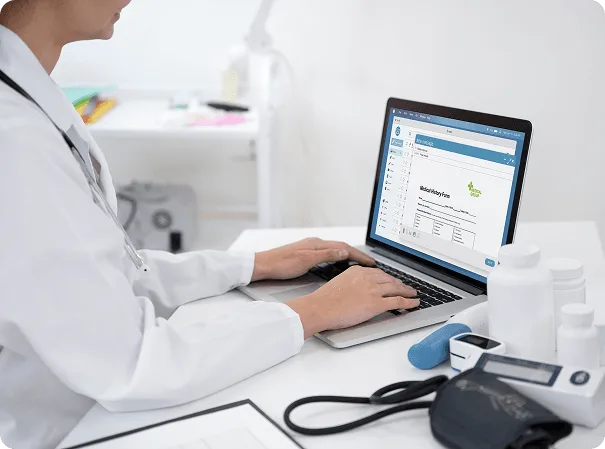Doctor in a white coat typing on a laptop beside a blood pressure monitor and pill bottles