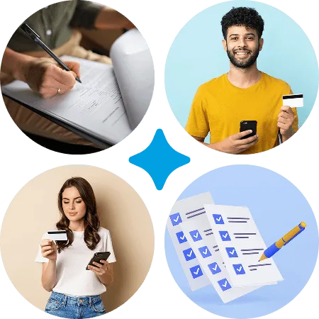 Four circles: a person signing a form, two people with cards and phones, a checklist