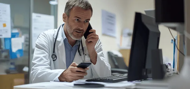 Doctor in a white coat talking on a phone while holding a second phone at a desk