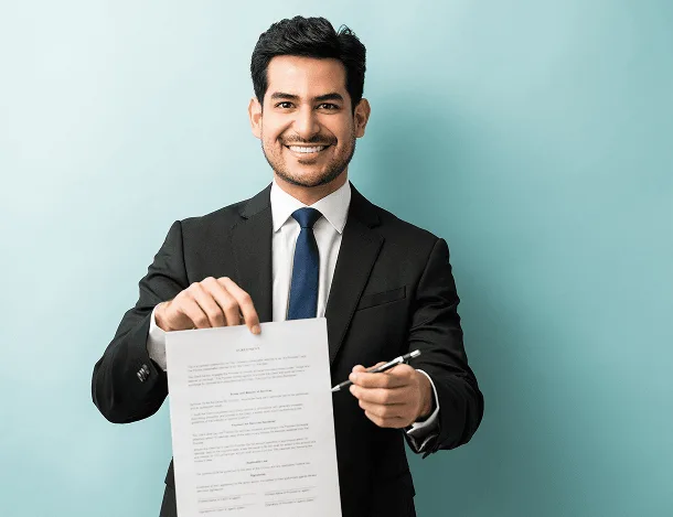 Smiling man in a suit holding up a printed document and a pen