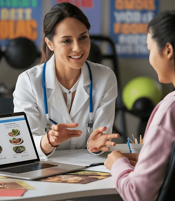 Smiling clinician in white coat with stethoscope speaks with a patient over a laptop showing meal photos