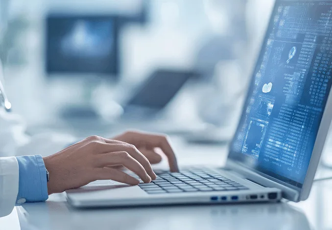 Hands typing on a laptop with a data-filled screen in a bright office