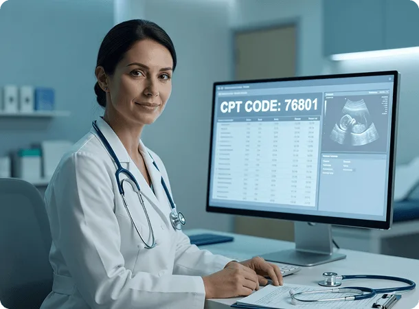 Female doctor with stethoscope beside a monitor showing CPT code 76801 and an ultrasound image