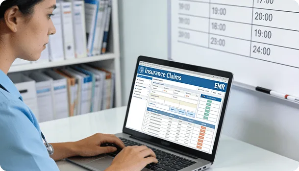 Staff member using a laptop showing an insurance claims EMR screen, with a schedule board behind