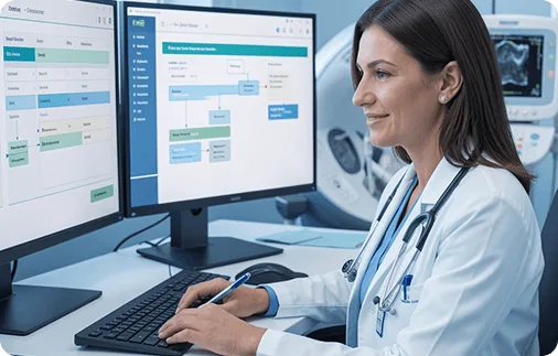 Doctor in a white coat typing at two monitors showing workflow diagrams