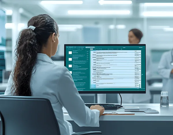 Woman in a lab coat seated at a computer monitor showing a software screen in a clinic