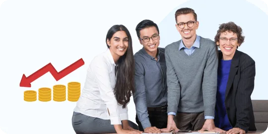 Four smiling professionals standing together beside coin stacks and a red downward arrow graphic