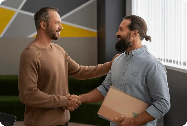 Two bearded men smiling and shaking hands in a modern office, one holding a folder