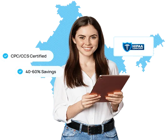 Smiling woman holding a tablet in front of a blue map graphic