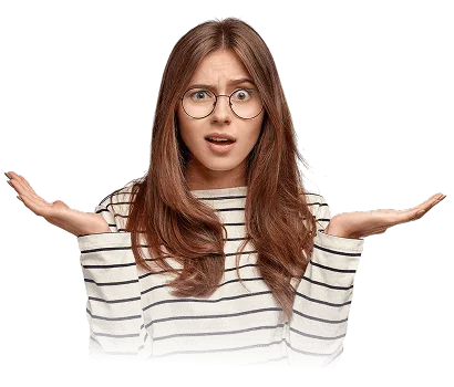 Woman with round glasses and striped sweater shrugging with open palms and a confused expression