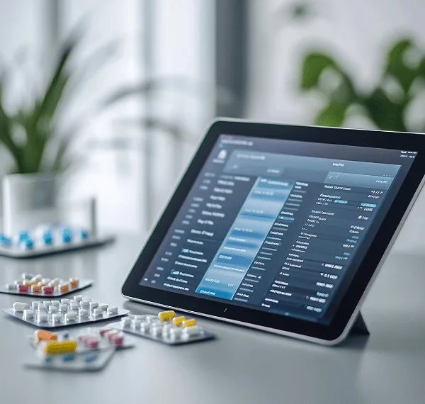 Tablet showing a dark data screen beside scattered blister packs of pills on a desk