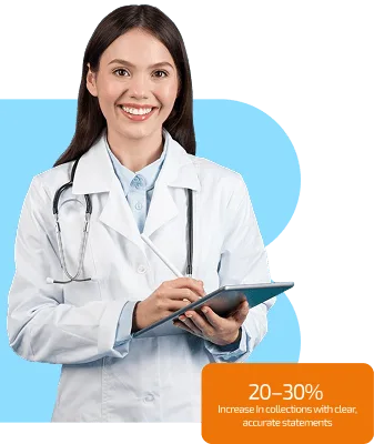 patient-statements image 60614 webp Smiling woman in white coat with stethoscope holding a tablet and stylus against a blue background