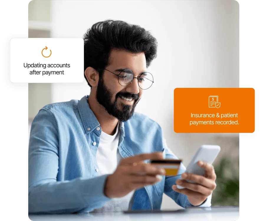 Smiling bearded man in glasses holding a payment card and smartphone, with two text overlay cards