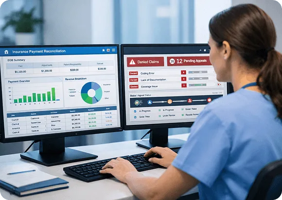 Medical billing professional at two monitors showing a payment reconciliation dashboard