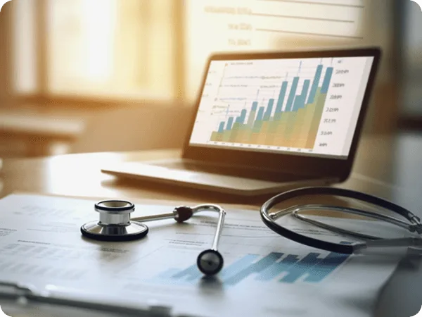 Stethoscope and clipboard with bar charts in front of a laptop displaying a growth graph