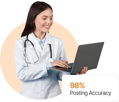 Smiling woman in white coat with stethoscope holding an open laptop against a peach circle
