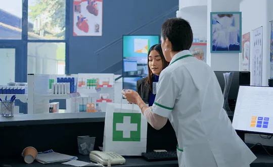 pharmacy image 59480 webp Pharmacy staff member in a white uniform hands a green cross paper bag to a customer at the counter
