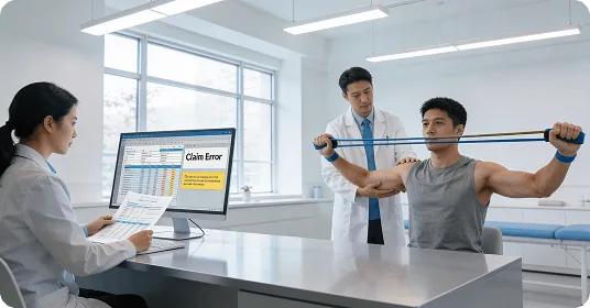 Therapist guiding a patient with a resistance band while a staff member views a Claim Error screen