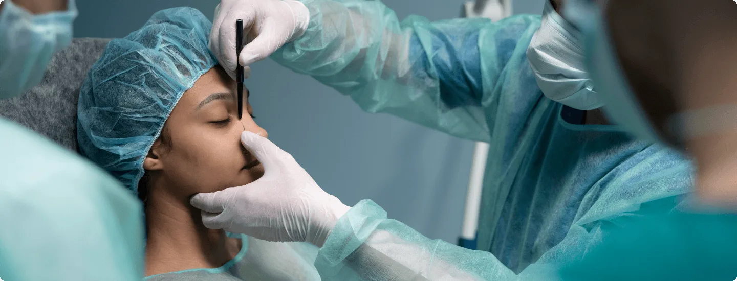 plastic-surgery image 59430 webp Surgeon in gown and gloves marking the nose of a patient wearing a surgical cap