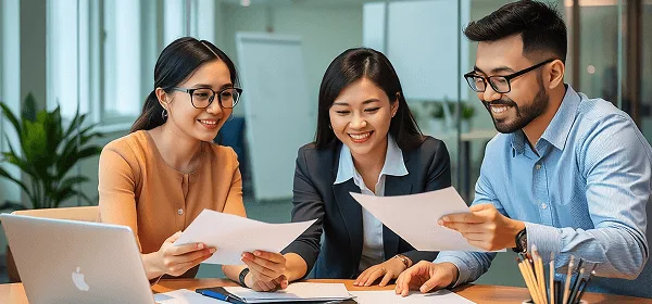 Three smiling colleagues review paper documents together at a table with a laptop