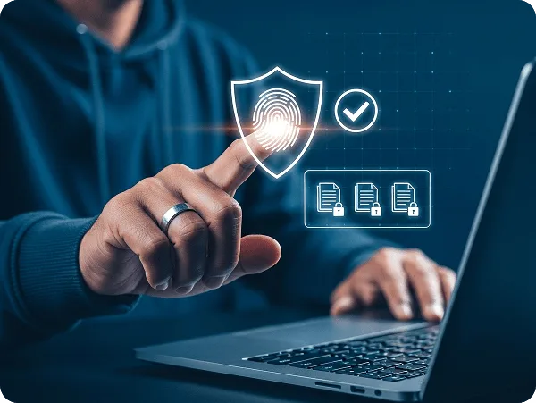 Person in a hoodie touching a glowing fingerprint shield icon above a laptop with locked documents
