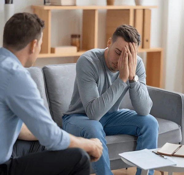 Man sits on a gray sofa with his face in his hands while another man faces him