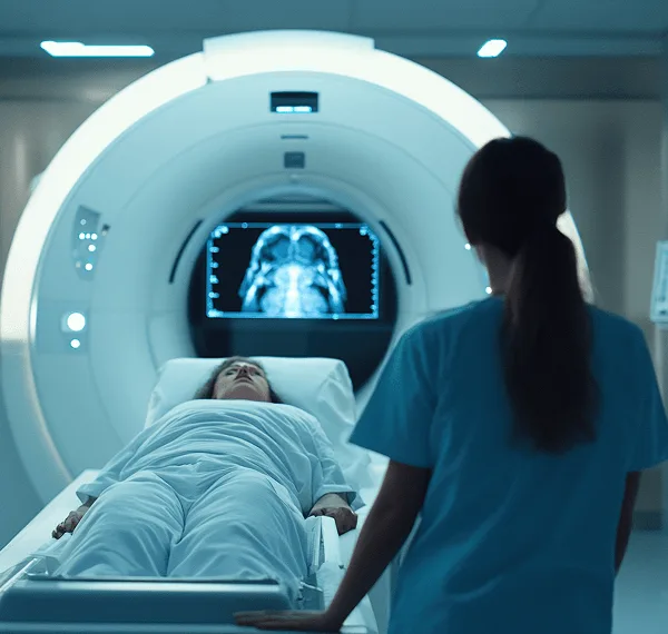 Patient lying in a scanner while a nurse watches a head scan on a screen