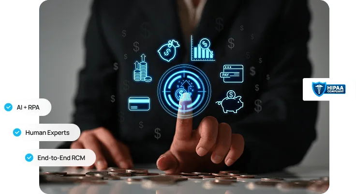 Hand touching glowing finance icons like coins, charts and cards over a desk with scattered coins