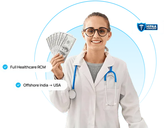 Smiling doctor in white coat with stethoscope holding a fan of dollar bills