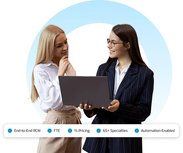 Two women in business attire looking at an open laptop together, with a checklist banner below