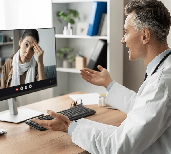 Doctor in a white coat speaks with a patient on a video call on a computer monitor