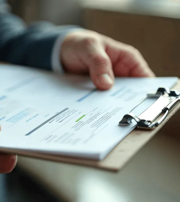Close-up of a hand resting on documents attached to a clipboard on a desk