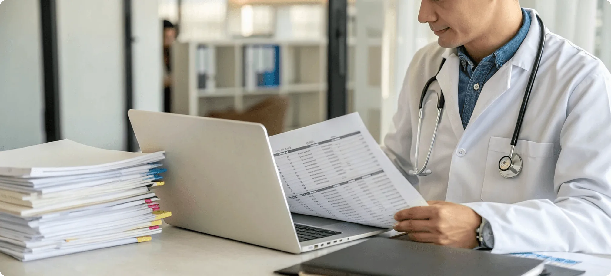 Doctor in white coat reviewing a printed spreadsheet beside a laptop and paper stacks