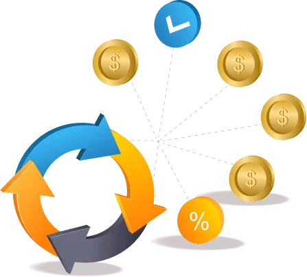 revenue-cycle-management image 60196 webp Illustration of circular arrows with gold dollar coins, a percent symbol and a clock icon