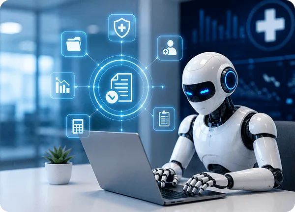 rpa-medical-billing image 62159 webp White humanoid robot typing on a laptop with glowing document, shield and folder icons