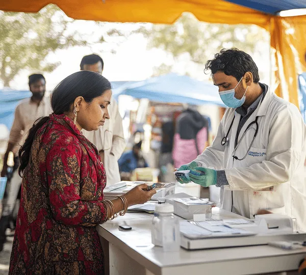 Health worker in mask and gloves assisting a woman at an outdoor medical camp table