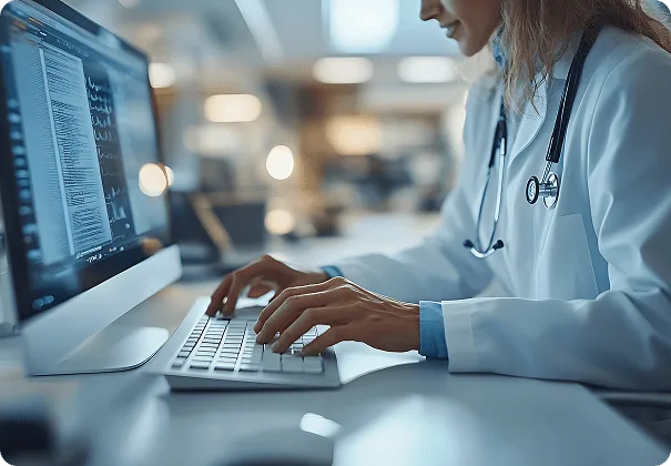 Clinician in a white coat with stethoscope typing on a keyboard in front of a monitor